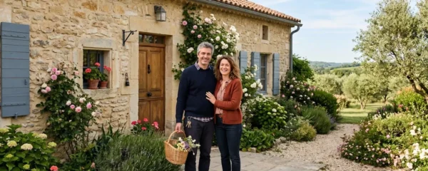 Un couple de quarante ans devant leur maison en pierre, symbolisant la transmission et la sécurité patrimoniale en France