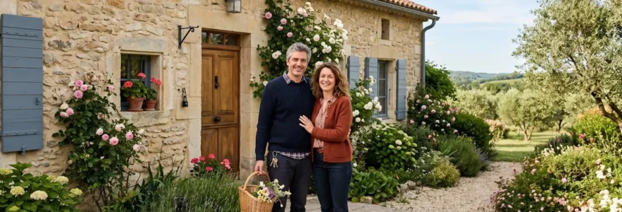 Un couple de quarante ans devant leur maison en pierre, symbolisant la transmission et la sécurité patrimoniale en France