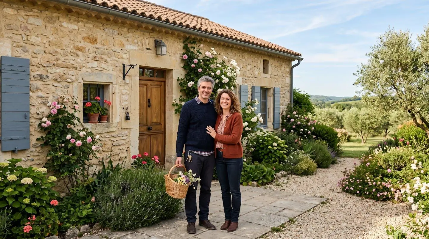Un couple de quarante ans devant leur maison en pierre, symbolisant la transmission et la sécurité patrimoniale en France
