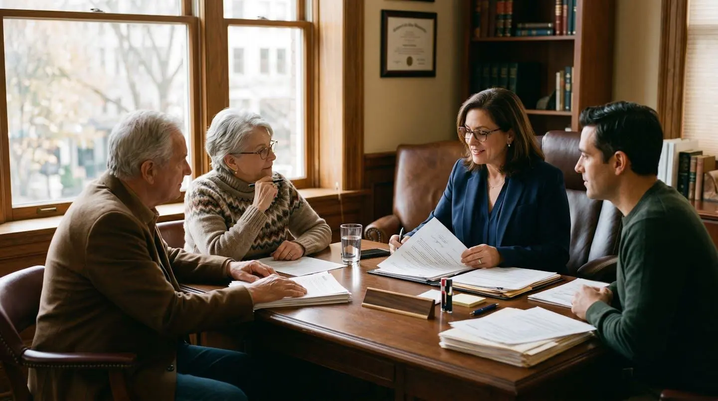 Scène de signature d'un acte notarié entre membres d'une famille, illustrant la transmission du patrimoine immobilier en France